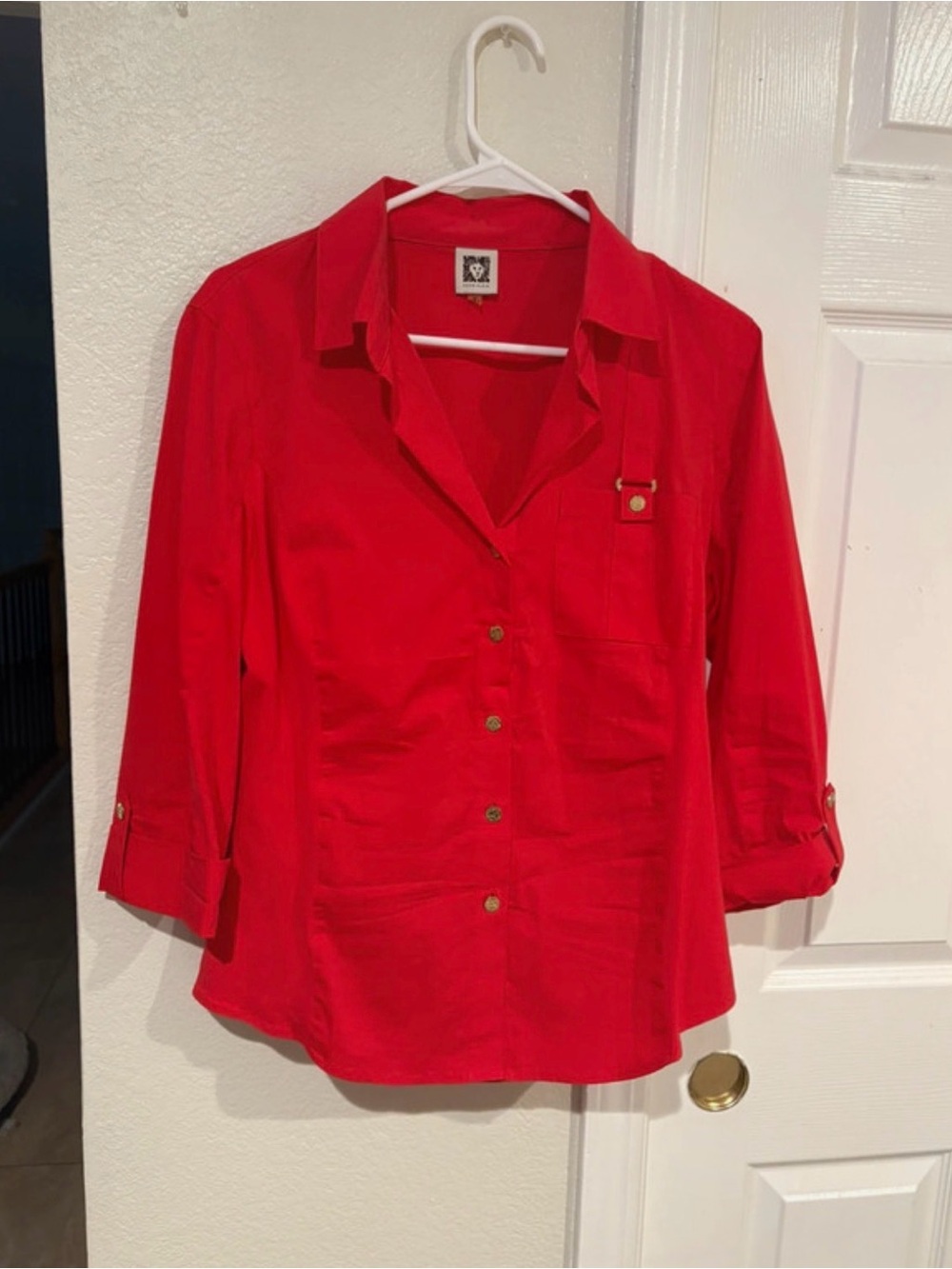 Anne Klein Red Button-Front Collared Shirt